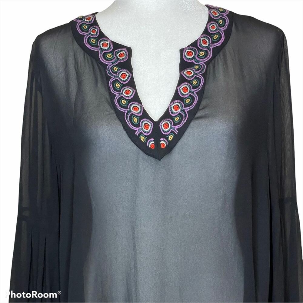 Catherine Malandrino Embroidered Black Sheer Bell Sleeve V Neck Blouse Top L